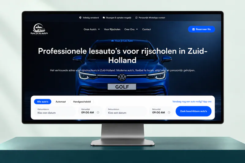 Mockup van de website Huur je Les Auto op een monitor