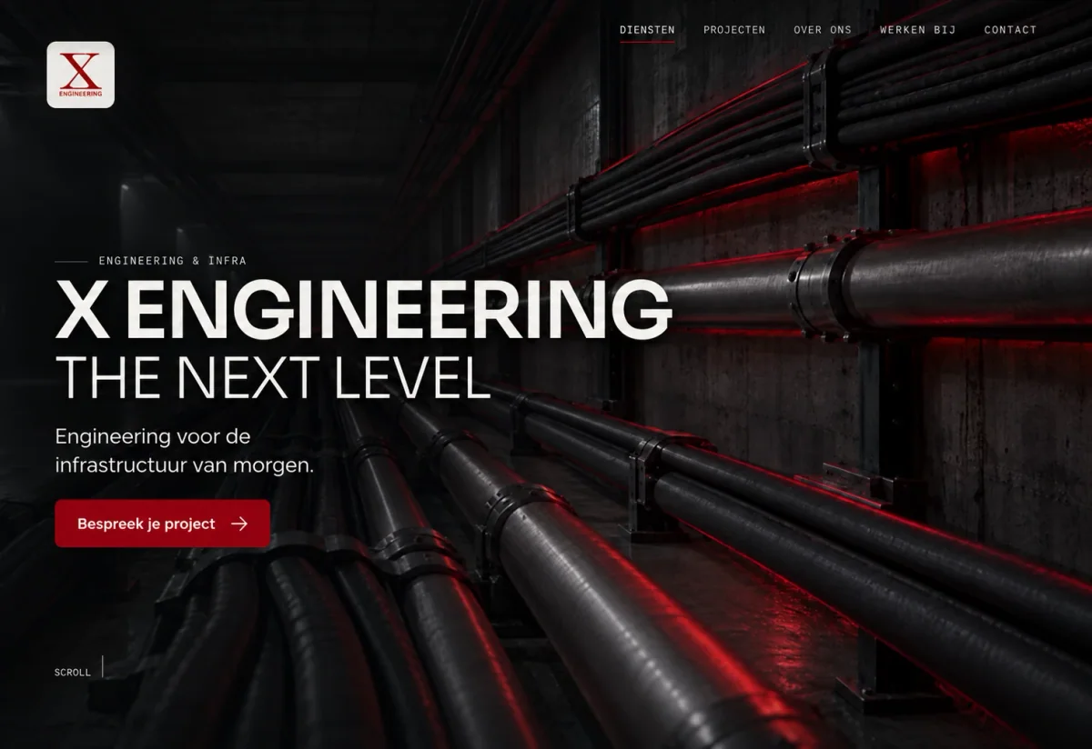 Website van X Engineering met een grote witte titel, de knop Bespreek je project en industriële leidingen in rood licht